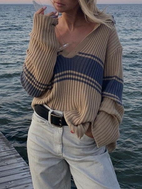 Varsity Stripe Half Button Polo Sweater - Coffee