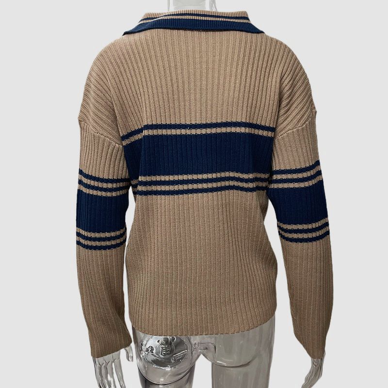 Varsity Stripe Half Button Polo Sweater - Coffee - 1