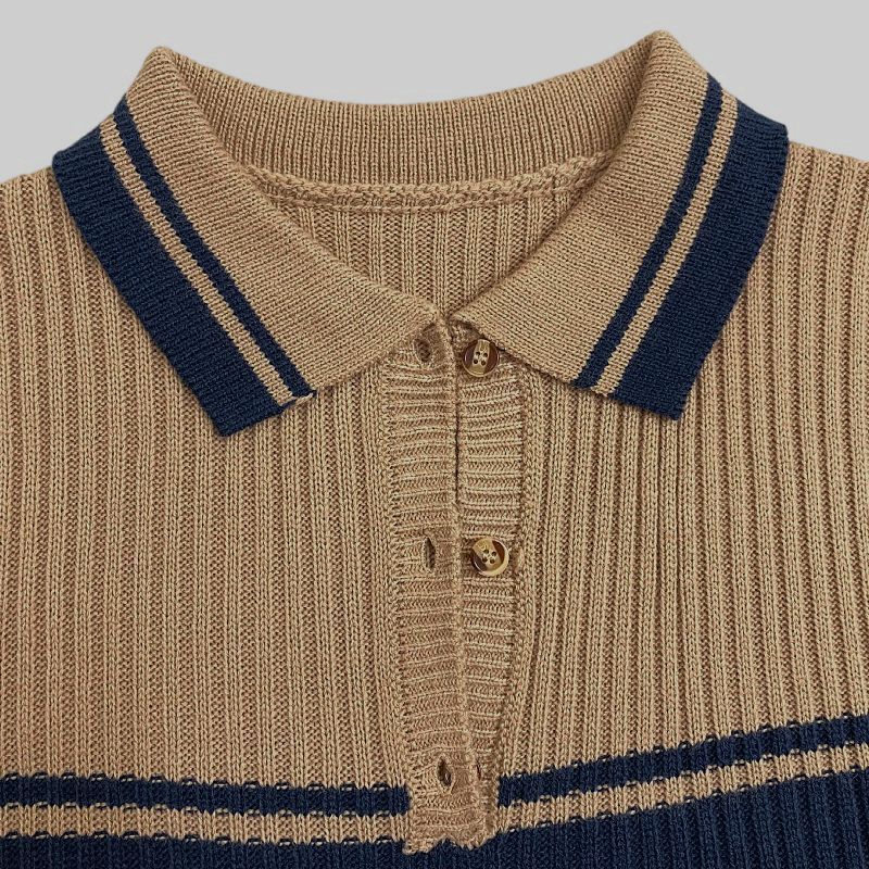 Varsity Stripe Half Button Polo Sweater - Coffee - 3