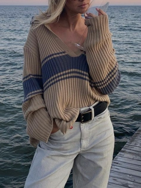 Varsity Stripe Half Button Polo Sweater - Coffee - 5