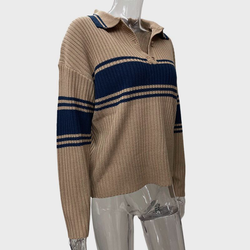 Varsity Stripe Half Button Polo Sweater - Coffee - 6