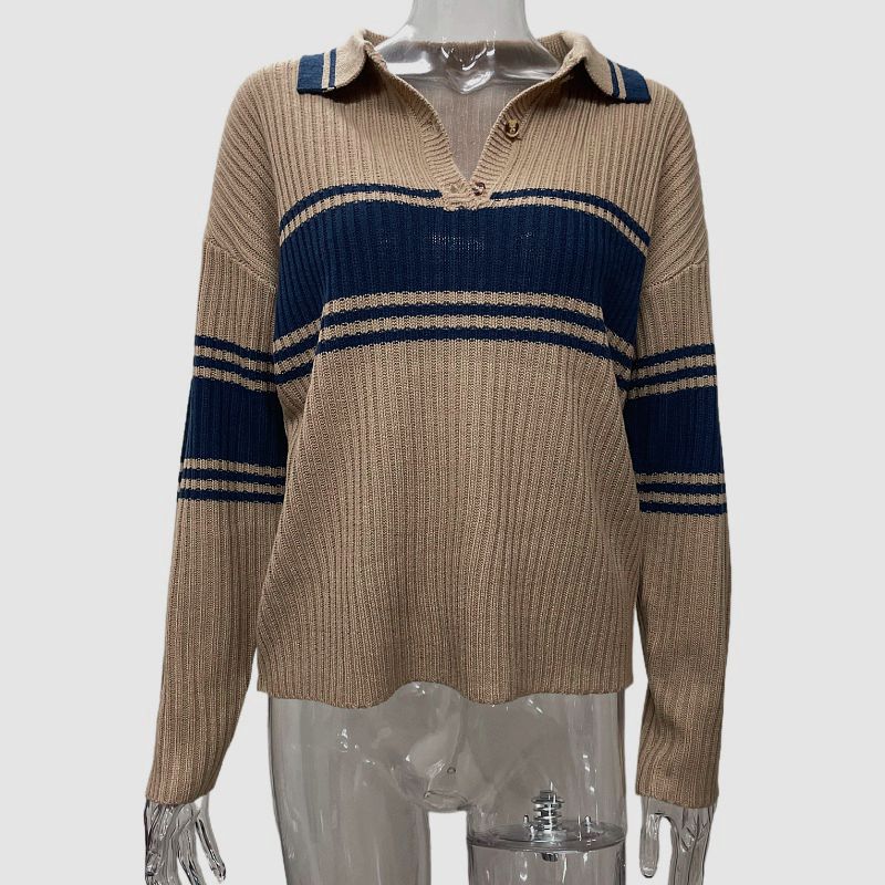 Varsity Stripe Half Button Polo Sweater - Coffee - 7