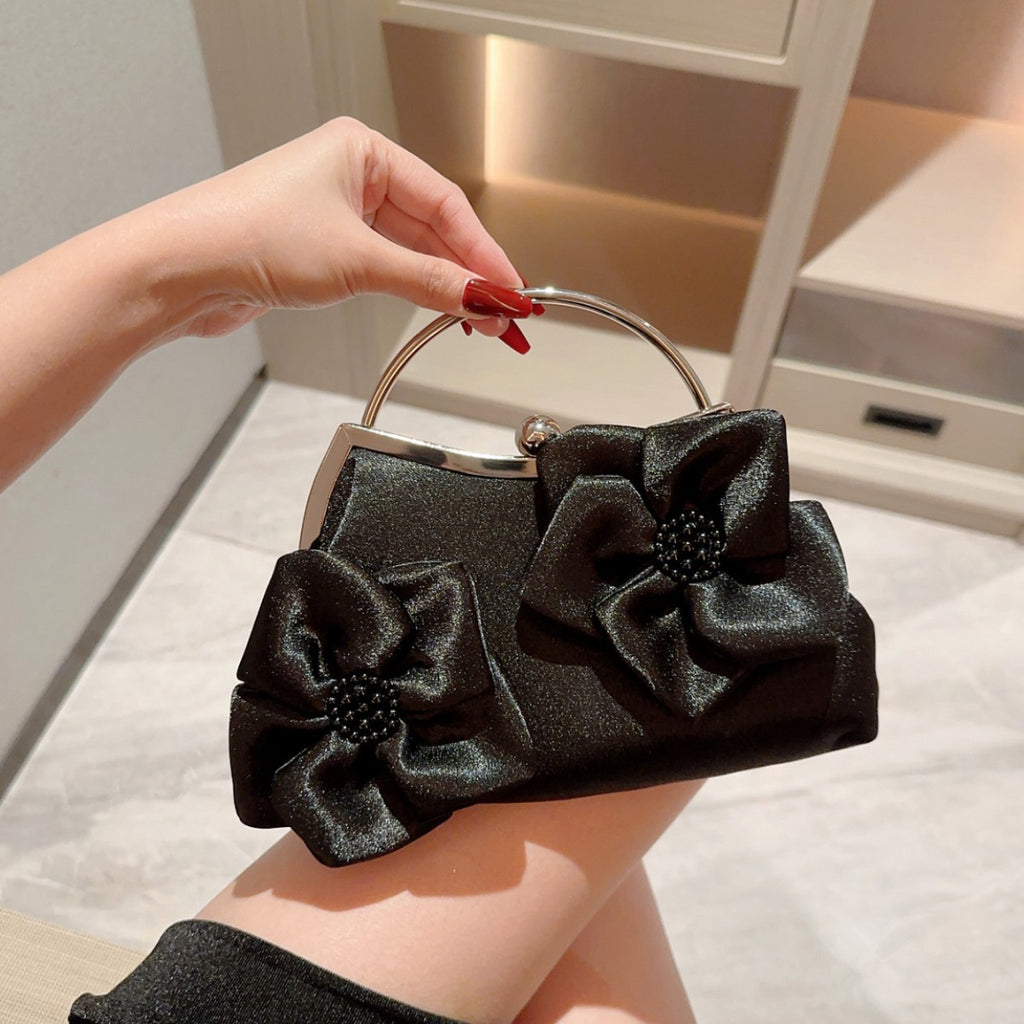 Flower Bow Frame Top Handle Clutch - Black