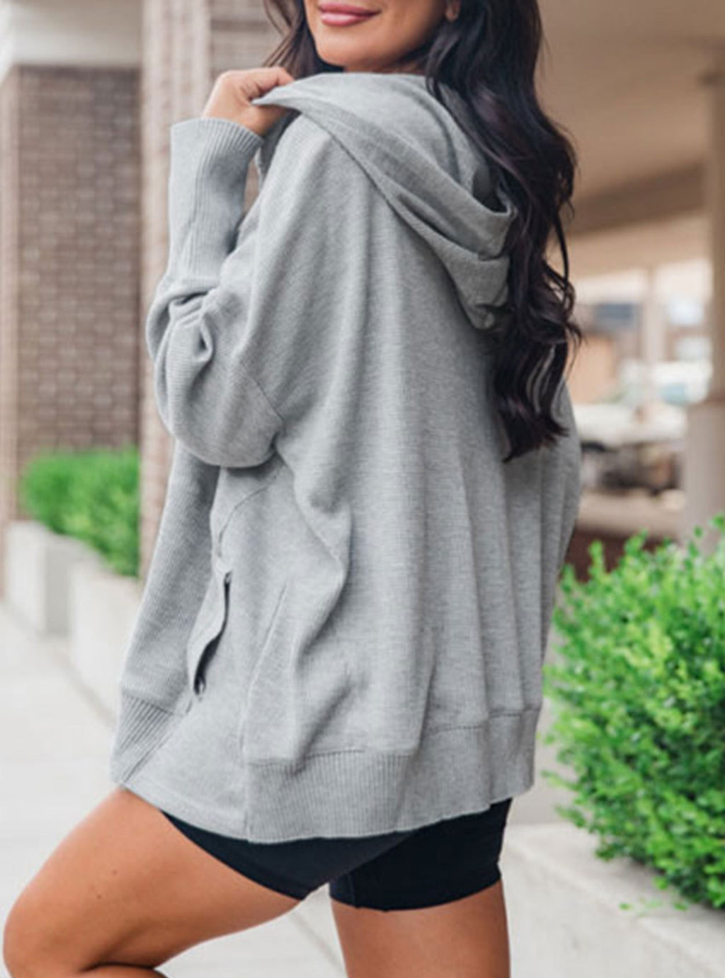 Oversized Henley Button Waffle Knit Hoodie - Grey - 4