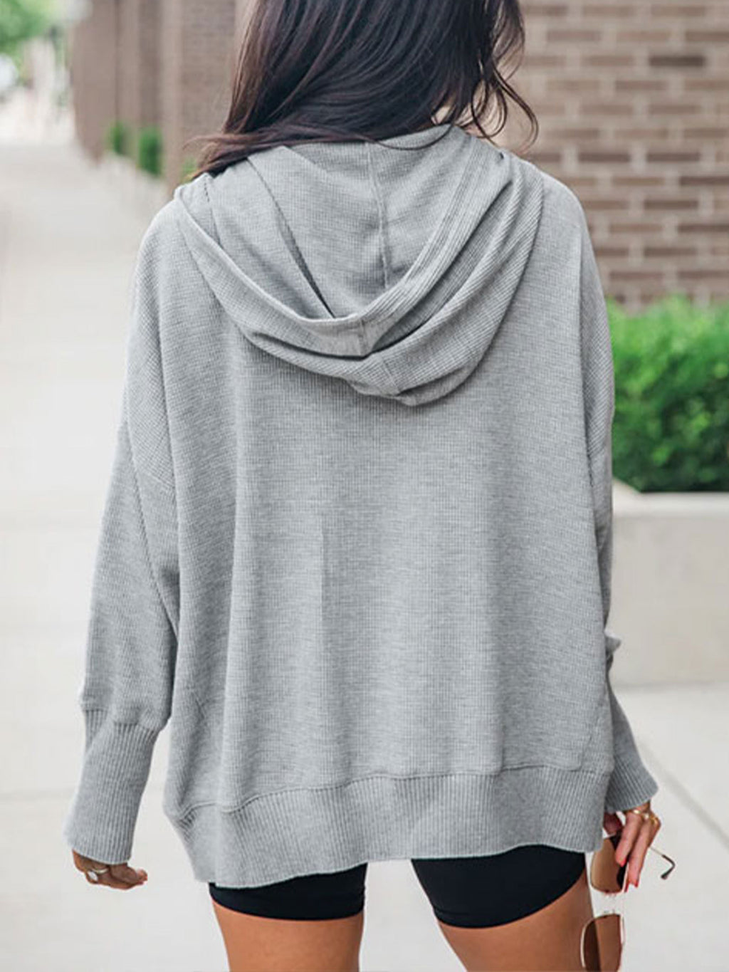 Oversized Henley Button Waffle Knit Hoodie - Grey - 5