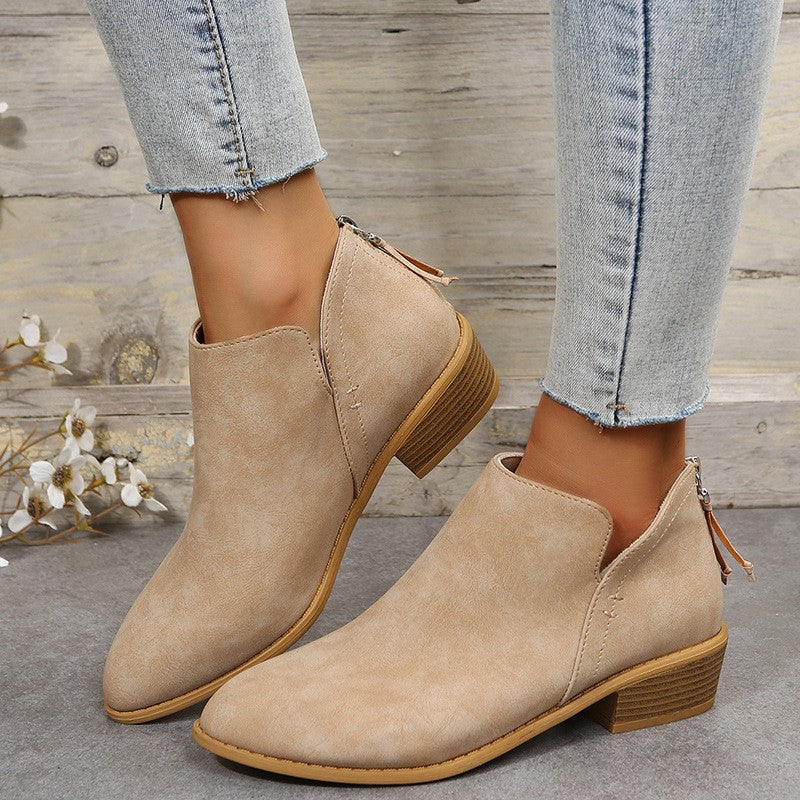Pointed Toe V-Cut Block Heel Ankle Booties