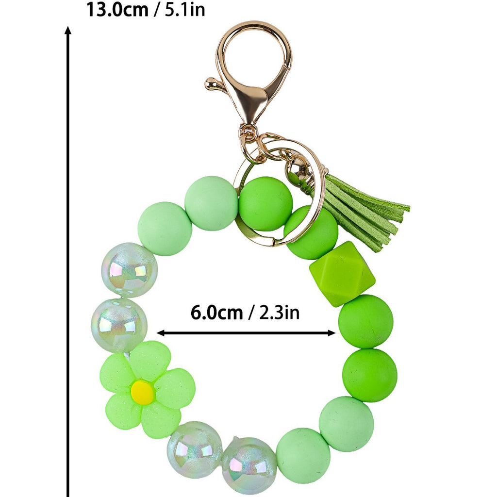 Tassel And Daisy Bead Wristlet Keychain - Green