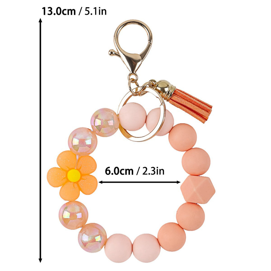 Tassel And Daisy Bead Wristlet Keychain - Orange