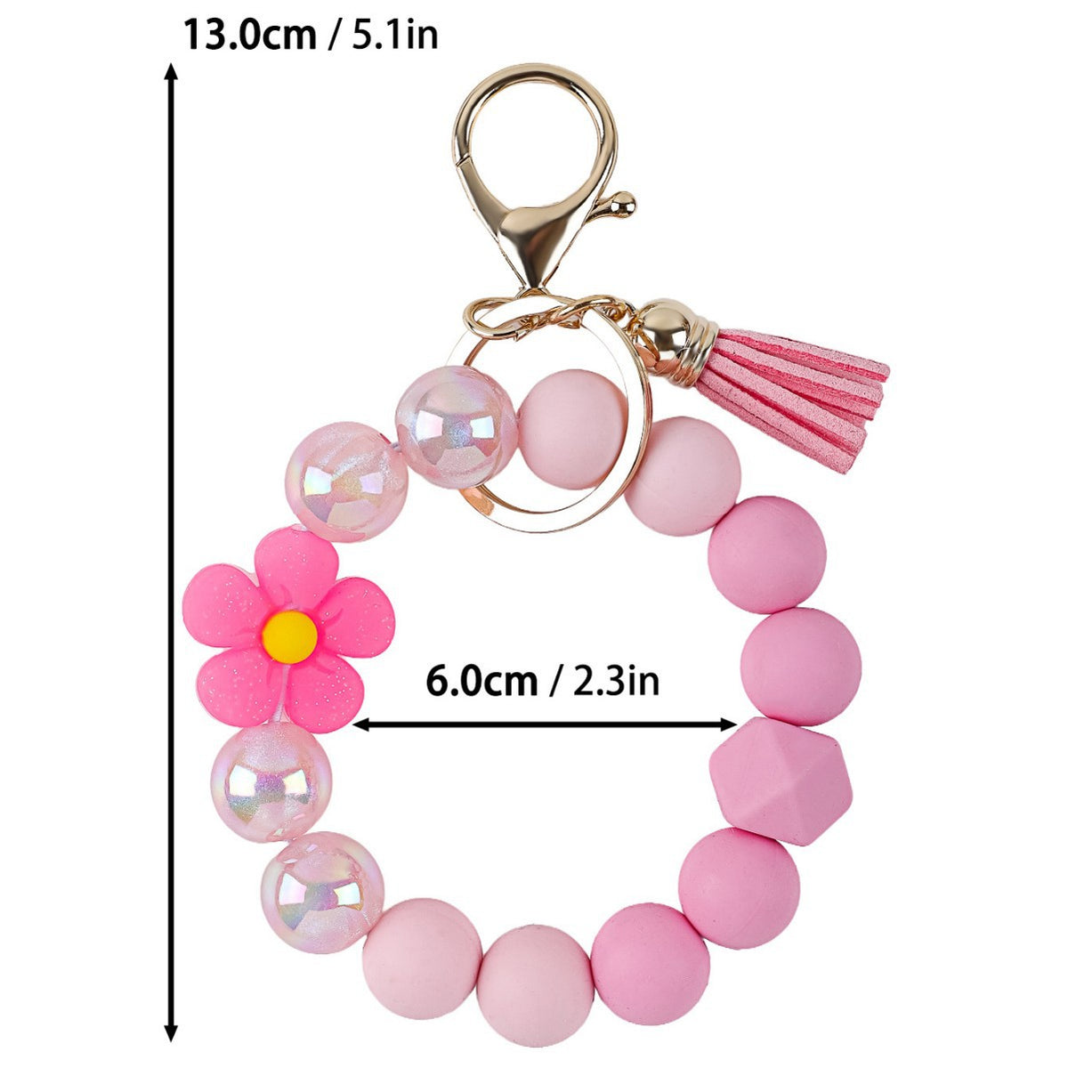 Tassel And Daisy Bead Wristlet Keychain - Pink
