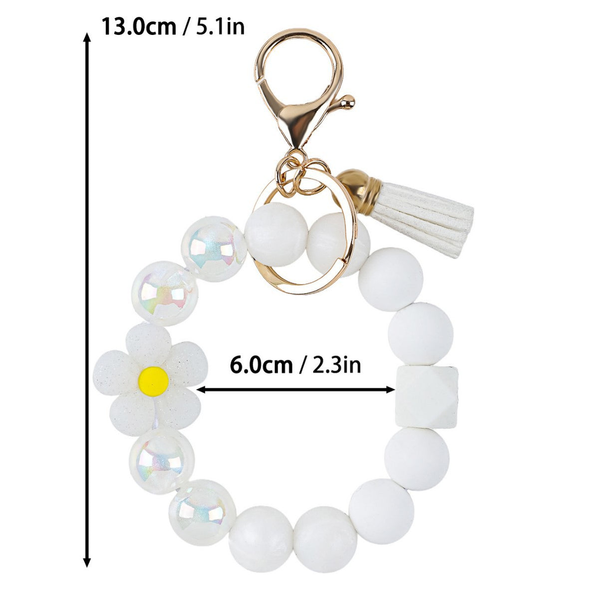 Tassel And Daisy Bead Wristlet Keychain - White