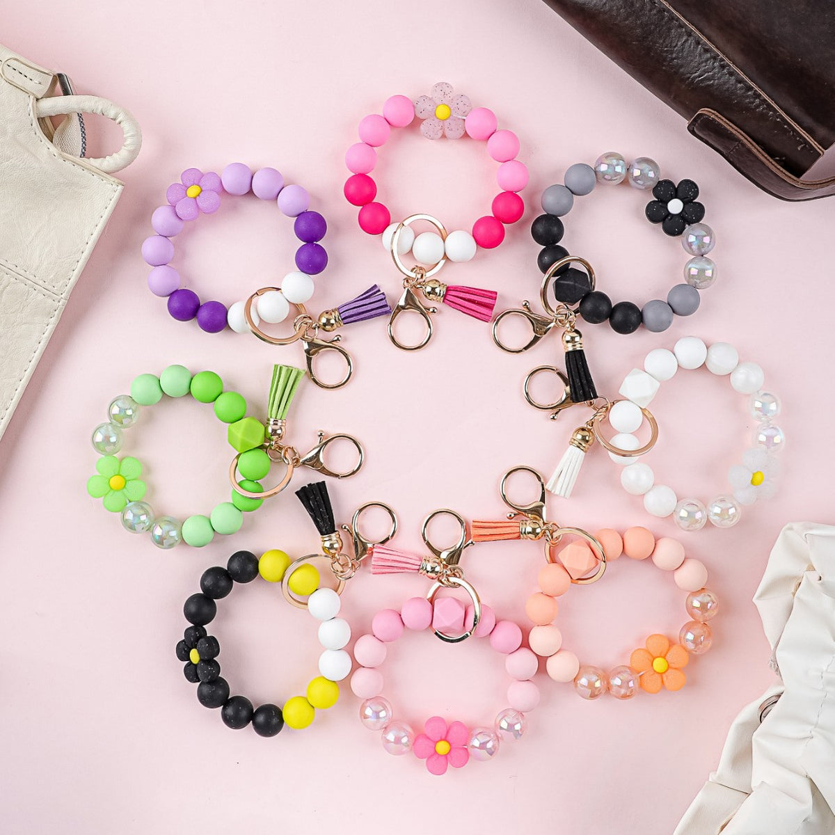 Tassel And Daisy Bead Wristlet Keychain - view 1