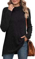 Turtleneck Ribbed Side Slit Longline Tunic - Black