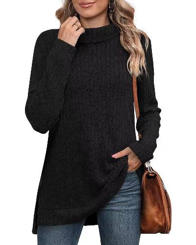 Turtleneck Ribbed Side Slit Longline Tunic - Black - 1