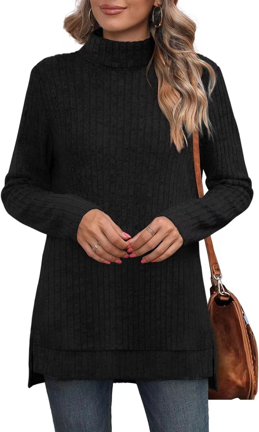 Turtleneck Ribbed Side Slit Longline Tunic - Black - 2