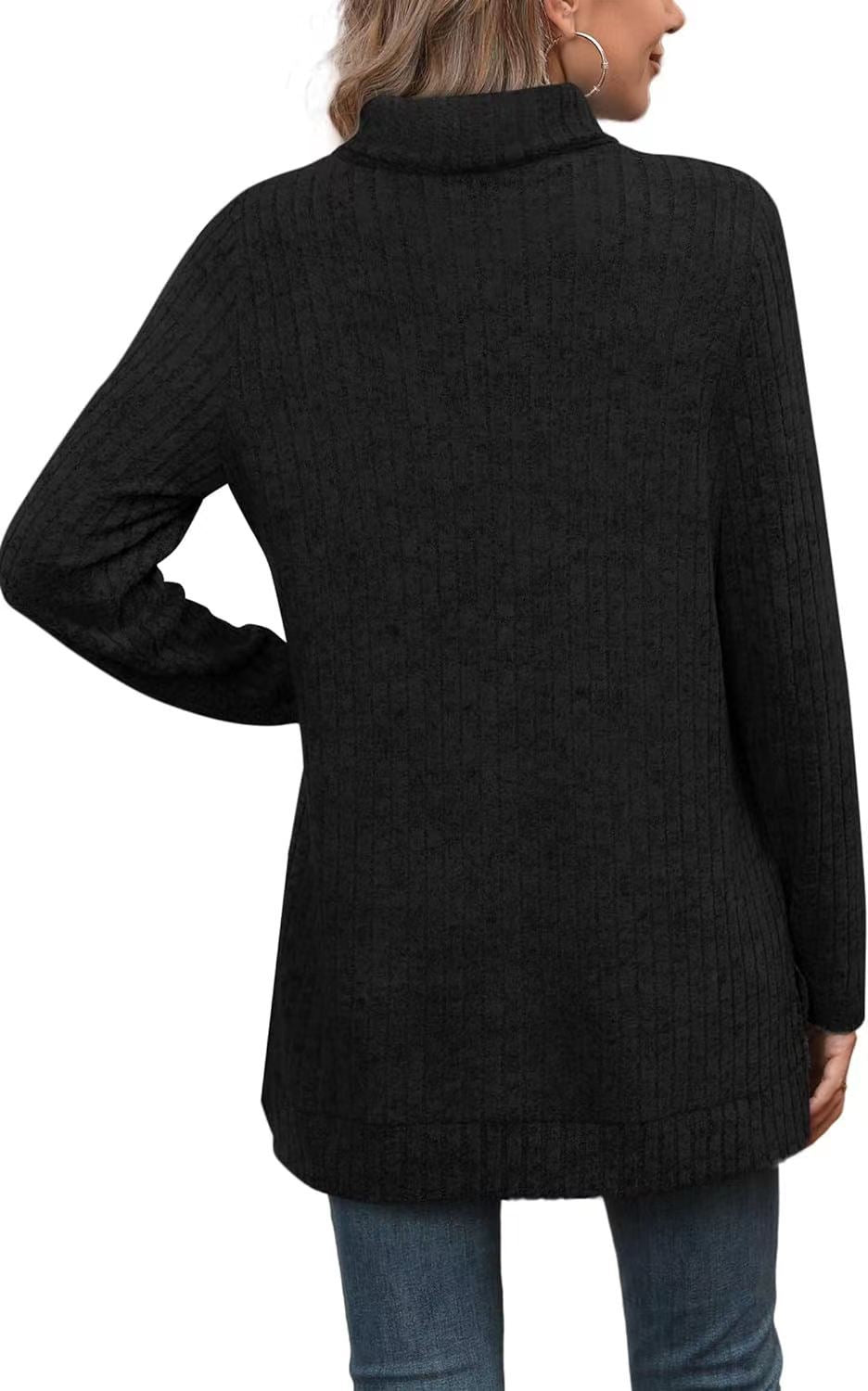 Turtleneck Ribbed Side Slit Longline Tunic - Black - 4