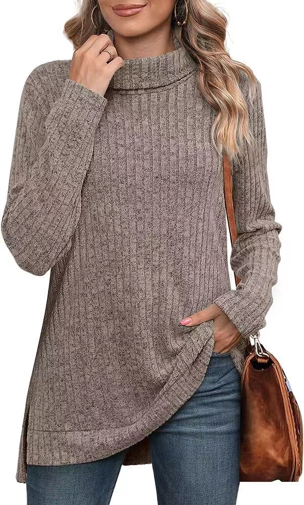 Turtleneck Ribbed Side Slit Longline Tunic - Khaki