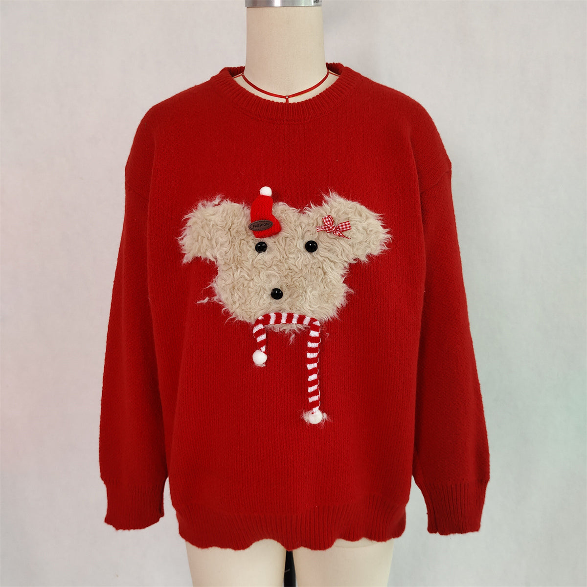 Fuzzy Puppy Applique Holiday Knit Sweater - Red - 1
