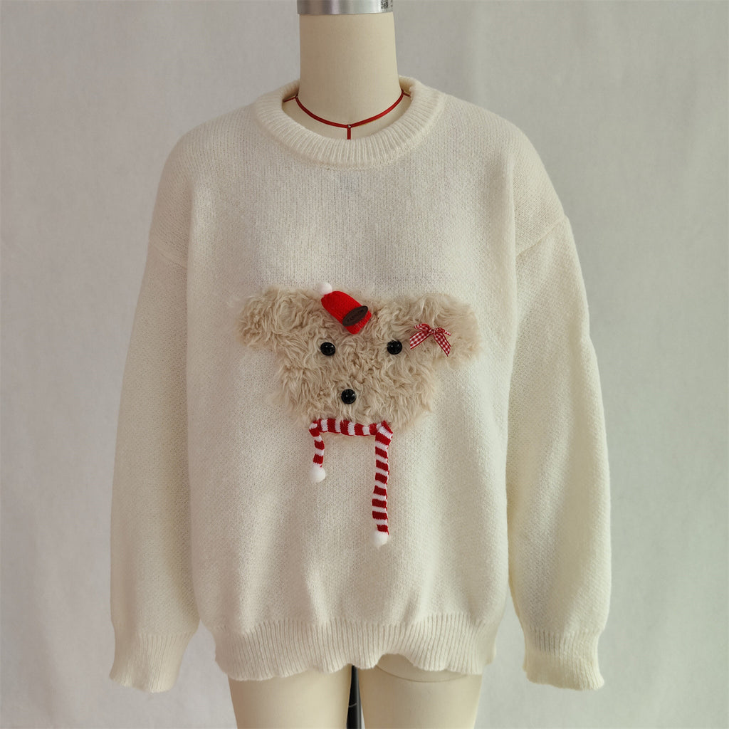 Fuzzy Puppy Applique Holiday Knit Sweater - White