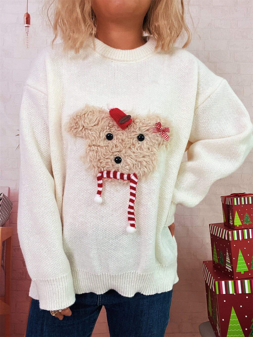 Fuzzy Puppy Applique Holiday Knit Sweater - White - 1