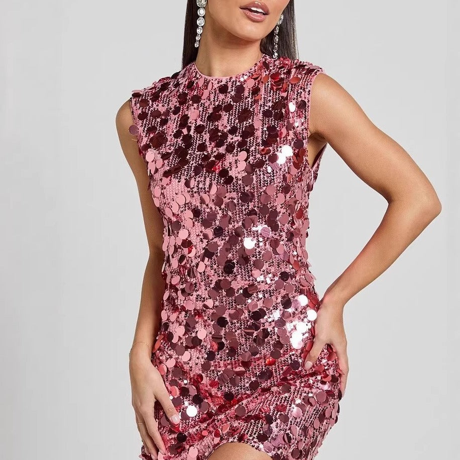 Paillette Sequin Crew Neck Mini Shift Dress - Pink