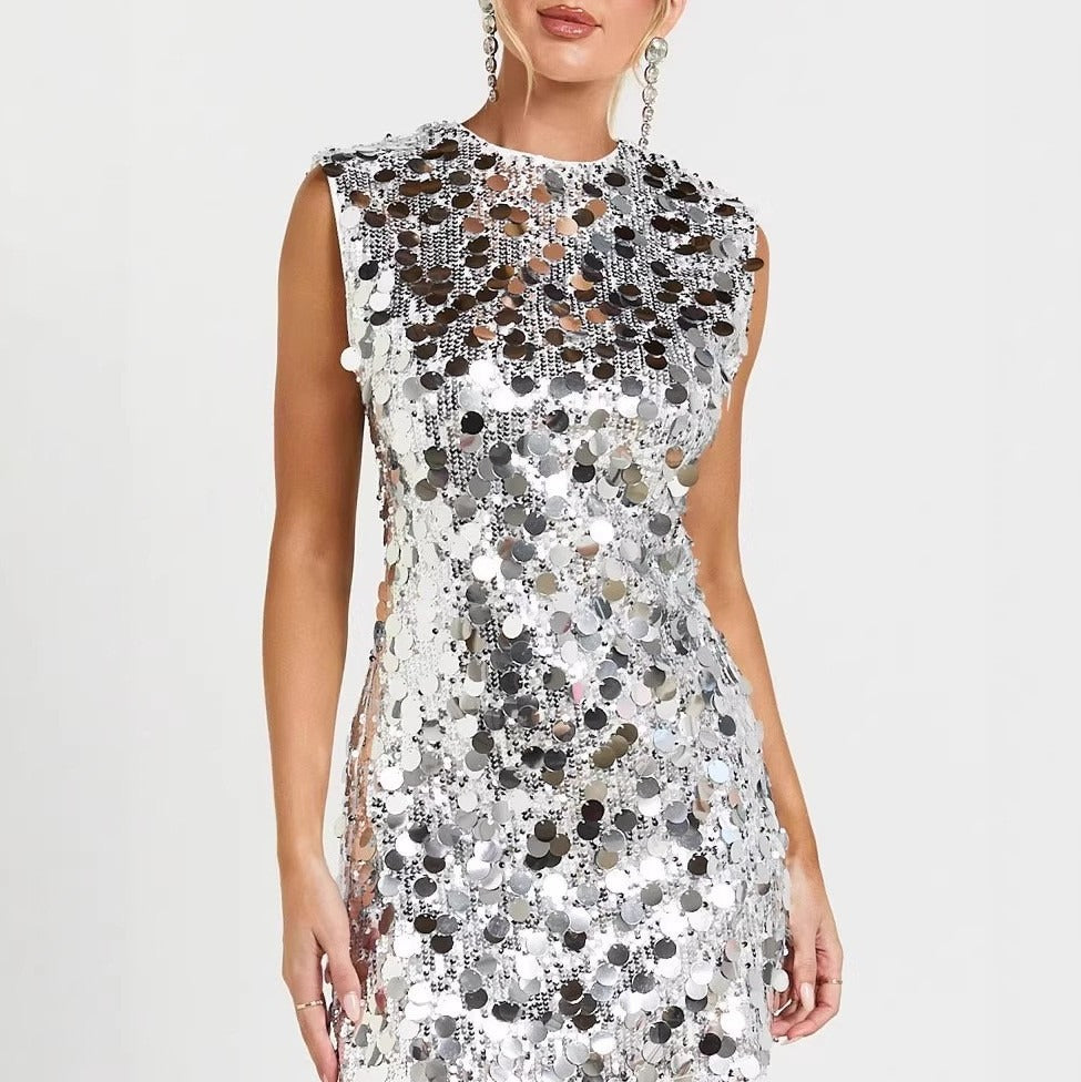 Paillette Sequin Crew Neck Mini Shift Dress - Silver