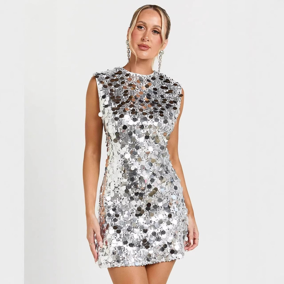 Paillette Sequin Crew Neck Mini Shift Dress