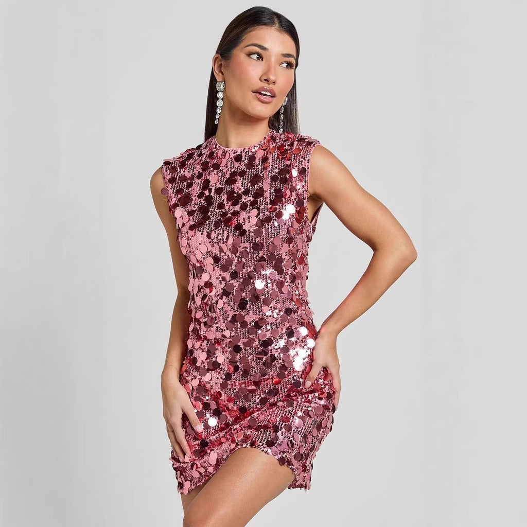 Paillette Sequin Crew Neck Mini Shift Dress