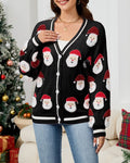 Santa Jacquard Button Front Holiday Cardigan - Black