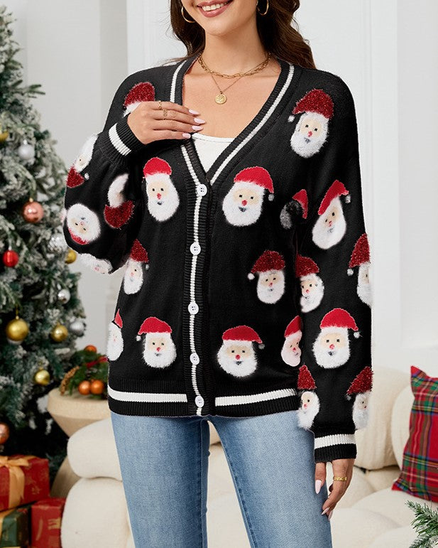 Santa Jacquard Button Front Holiday Cardigan - Black