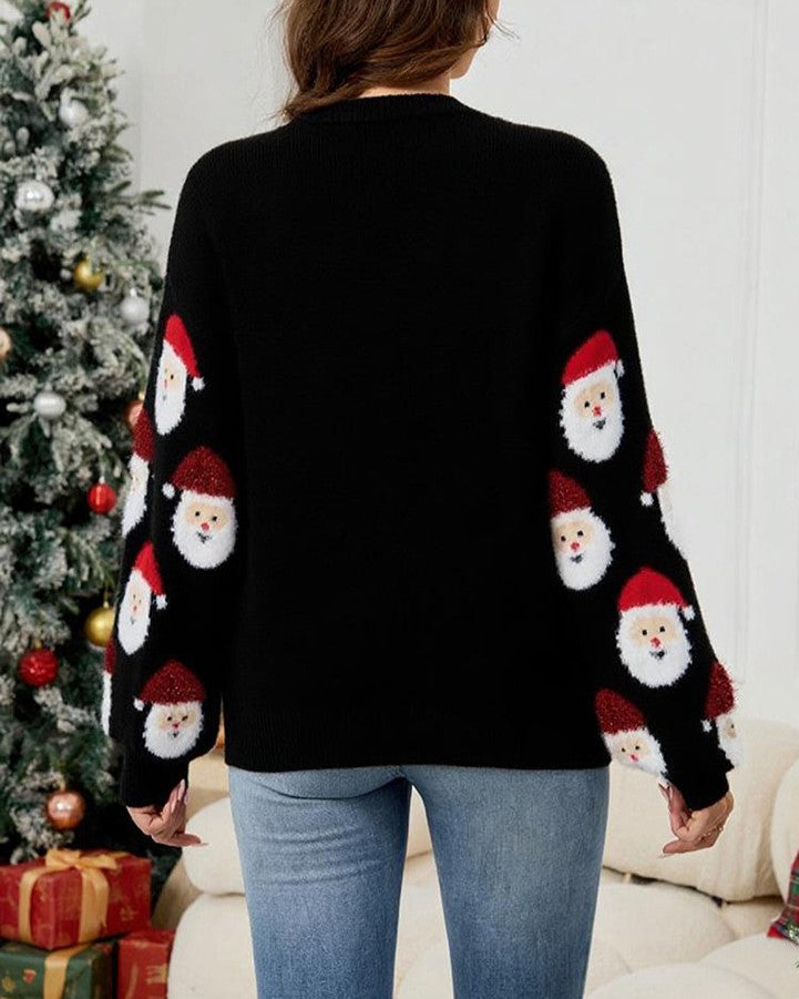 Santa Jacquard Button Front Holiday Cardigan - Black - 1