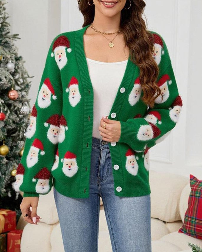 Santa Jacquard Button Front Holiday Cardigan - Green