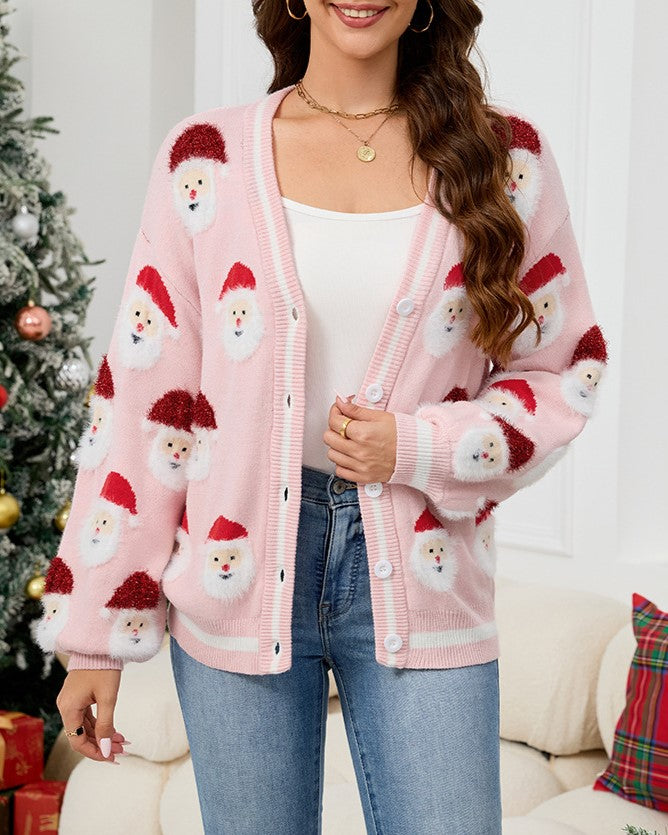 Santa Jacquard Button Front Holiday Cardigan - Pink - 1