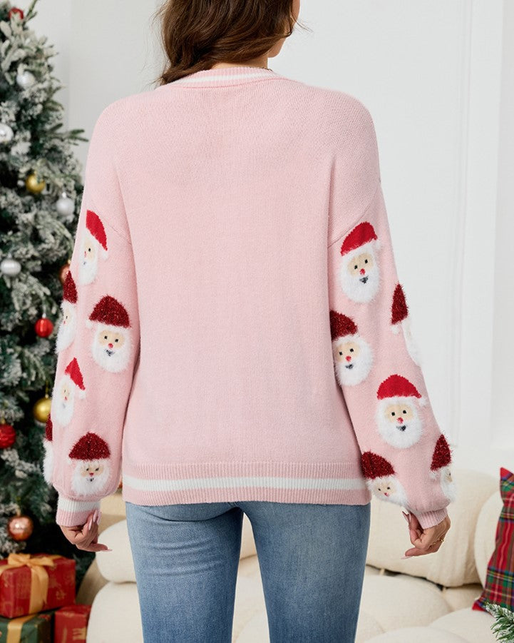Santa Jacquard Button Front Holiday Cardigan - Pink - 2