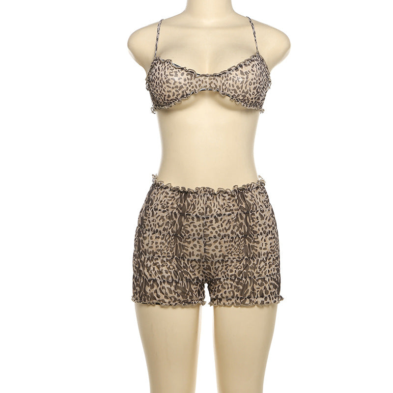 Leopard Print Sheer Bralette and Shorts Set - Brown