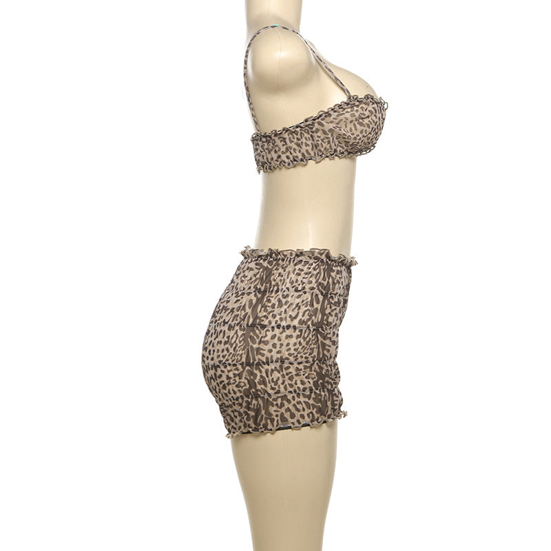 Leopard Print Sheer Bralette and Shorts Set - Brown - 1