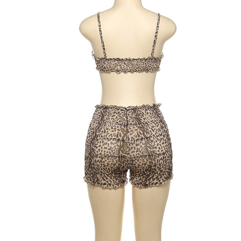 Leopard Print Sheer Bralette and Shorts Set - Brown - 2