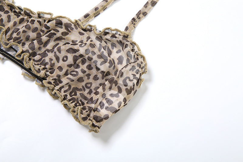 Leopard Print Sheer Bralette and Shorts Set - Brown - 3