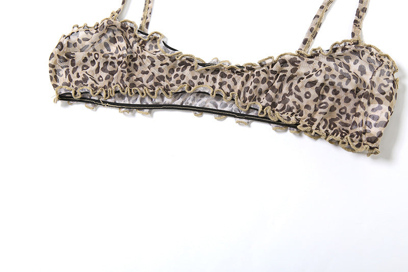 Leopard Print Sheer Bralette and Shorts Set - Brown - 4