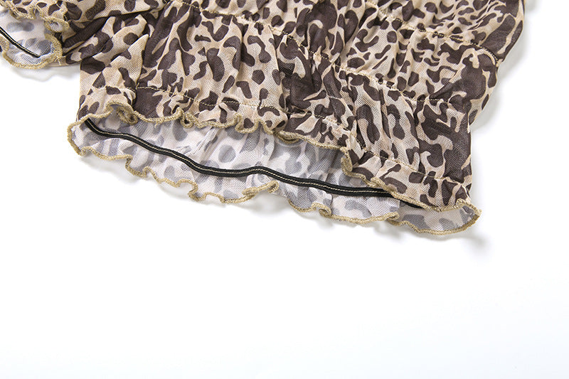 Leopard Print Sheer Bralette and Shorts Set - Brown - 6