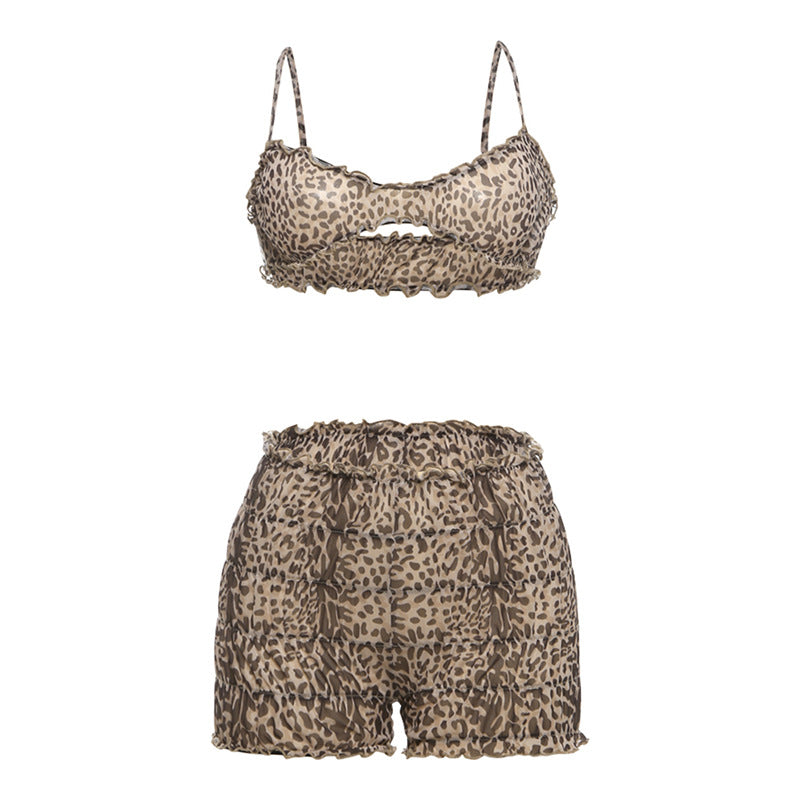 Leopard Print Sheer Bralette and Shorts Set - Brown - 7