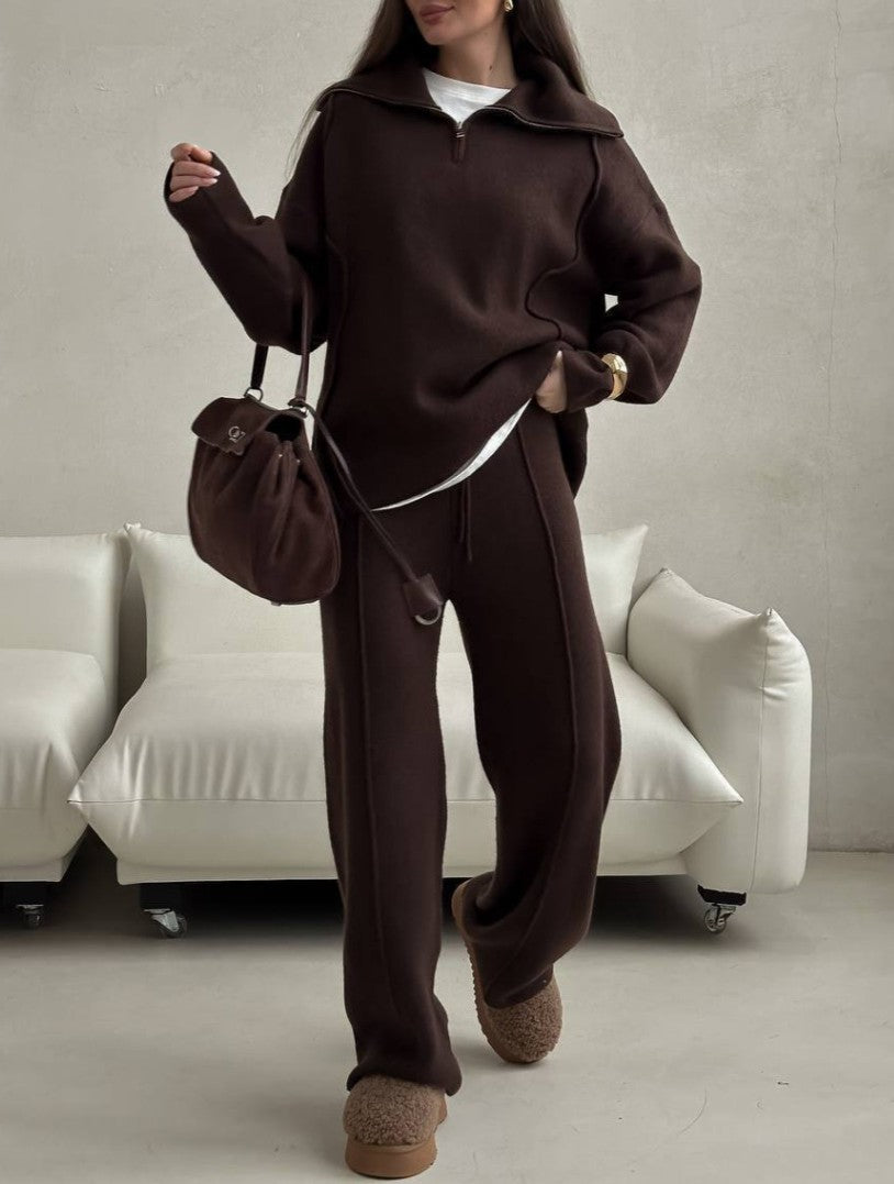 Half Zip Collared Sweatshirt And Wide Leg Pant Set - Coffee