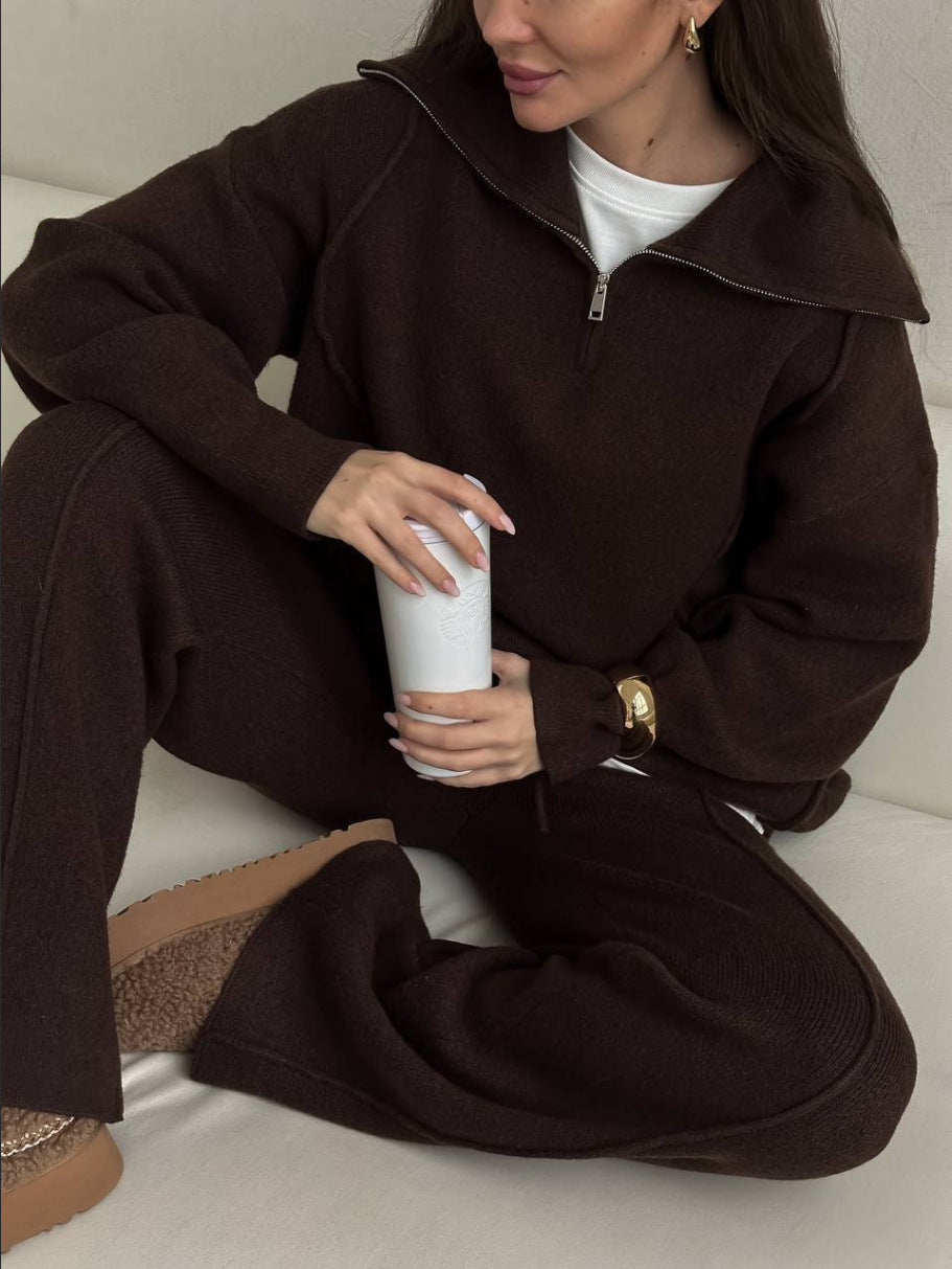 Half Zip Collared Sweatshirt And Wide Leg Pant Set - Coffee - 1