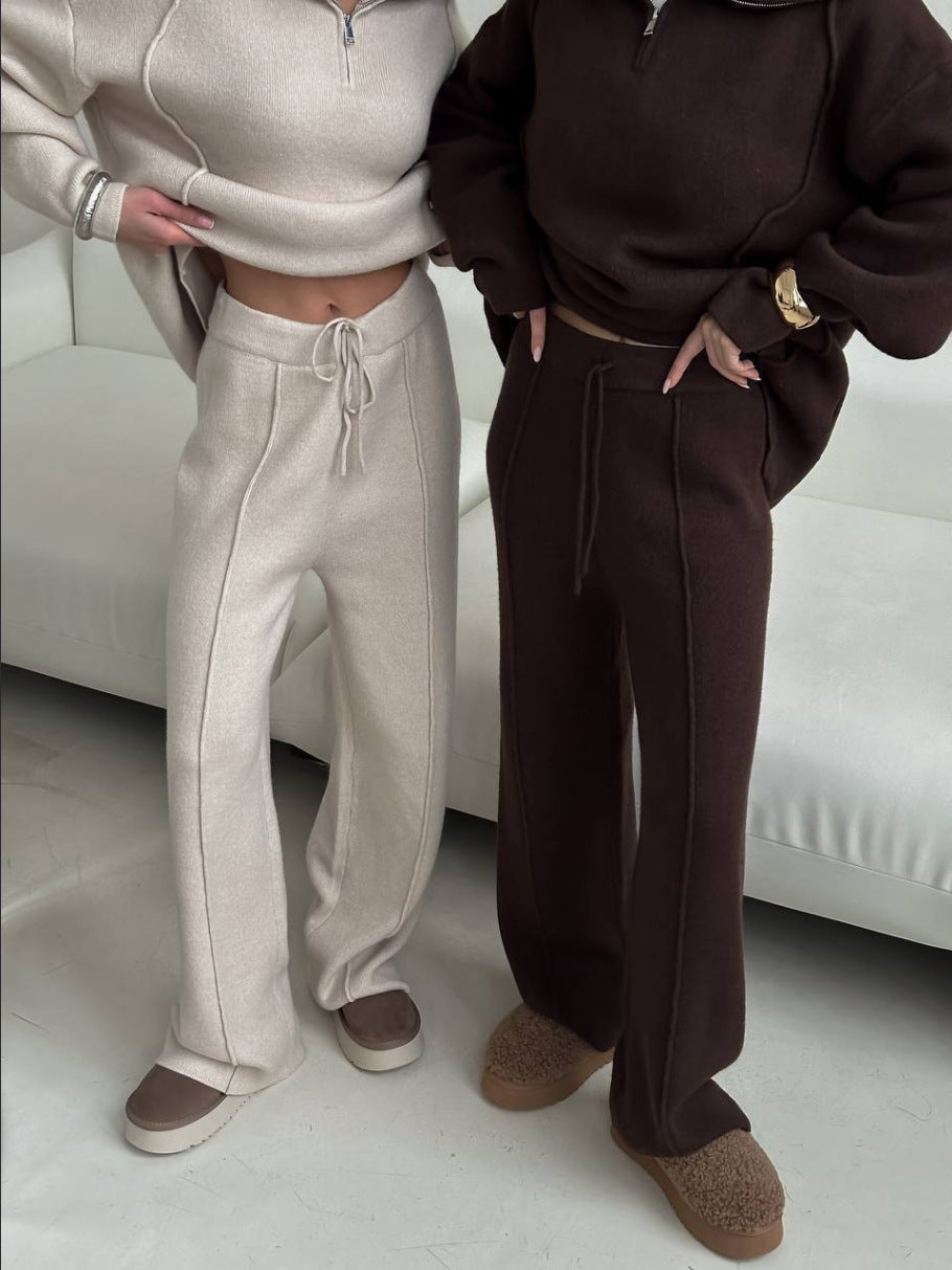 Half Zip Collared Sweatshirt And Wide Leg Pant Set - Khaki