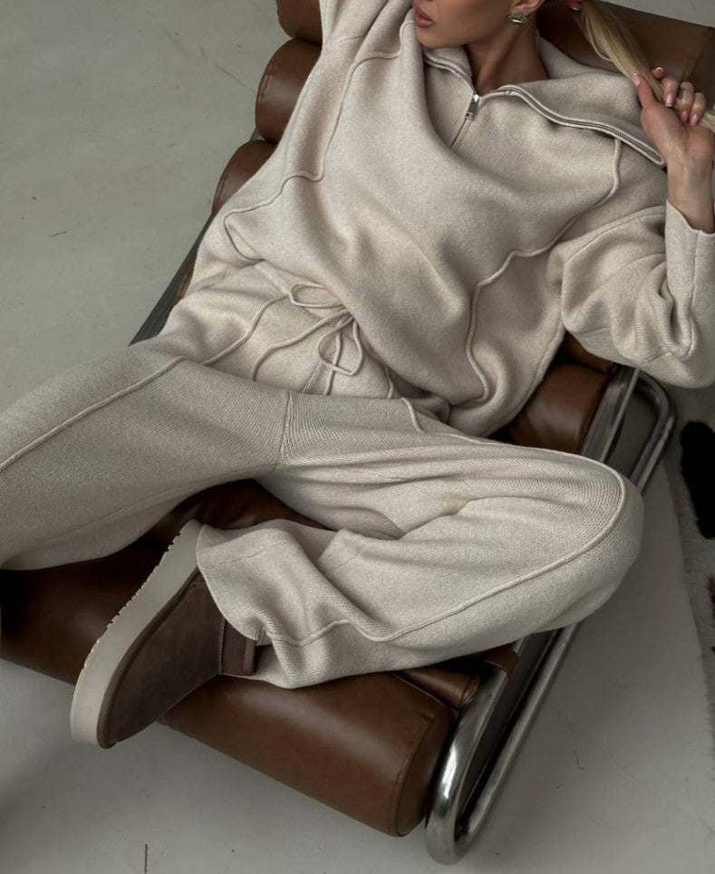 Half Zip Collared Sweatshirt And Wide Leg Pant Set - Khaki - 1