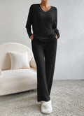 V Neck Ribbed Wide Leg Pajama Set - Black