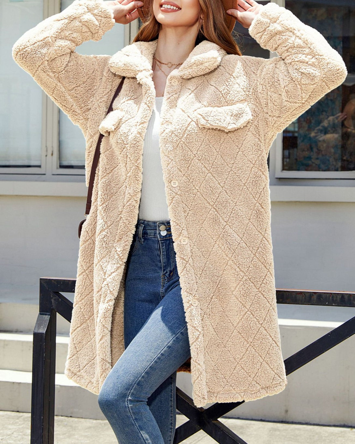 Textured Faux Fur Lapel Longline Coat - Almond