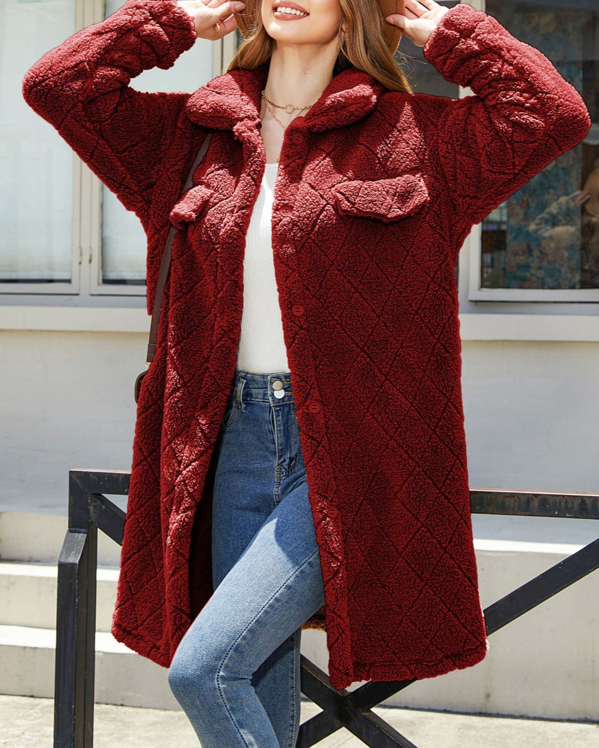 Textured Faux Fur Lapel Longline Coat - Burgundy