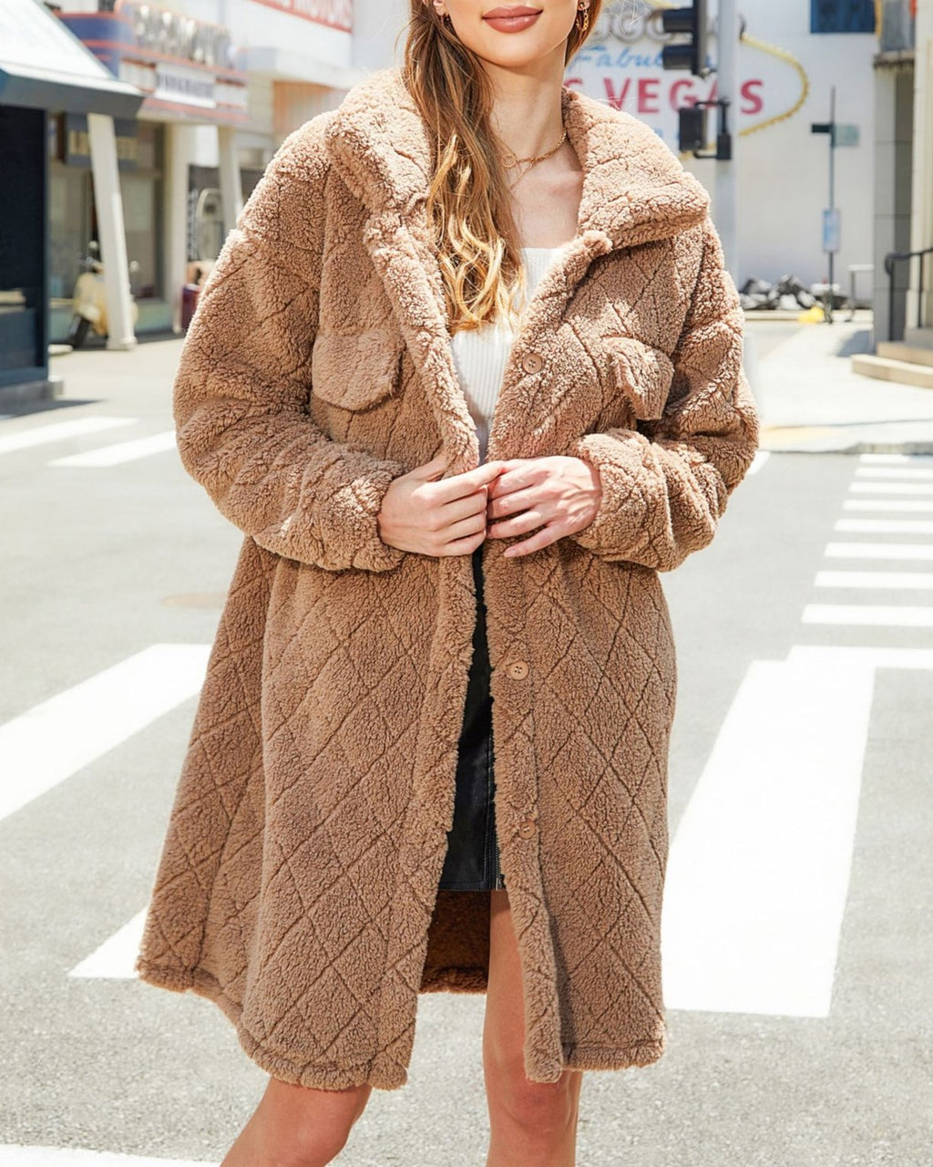 Textured Faux Fur Lapel Longline Coat - Khaki - 2