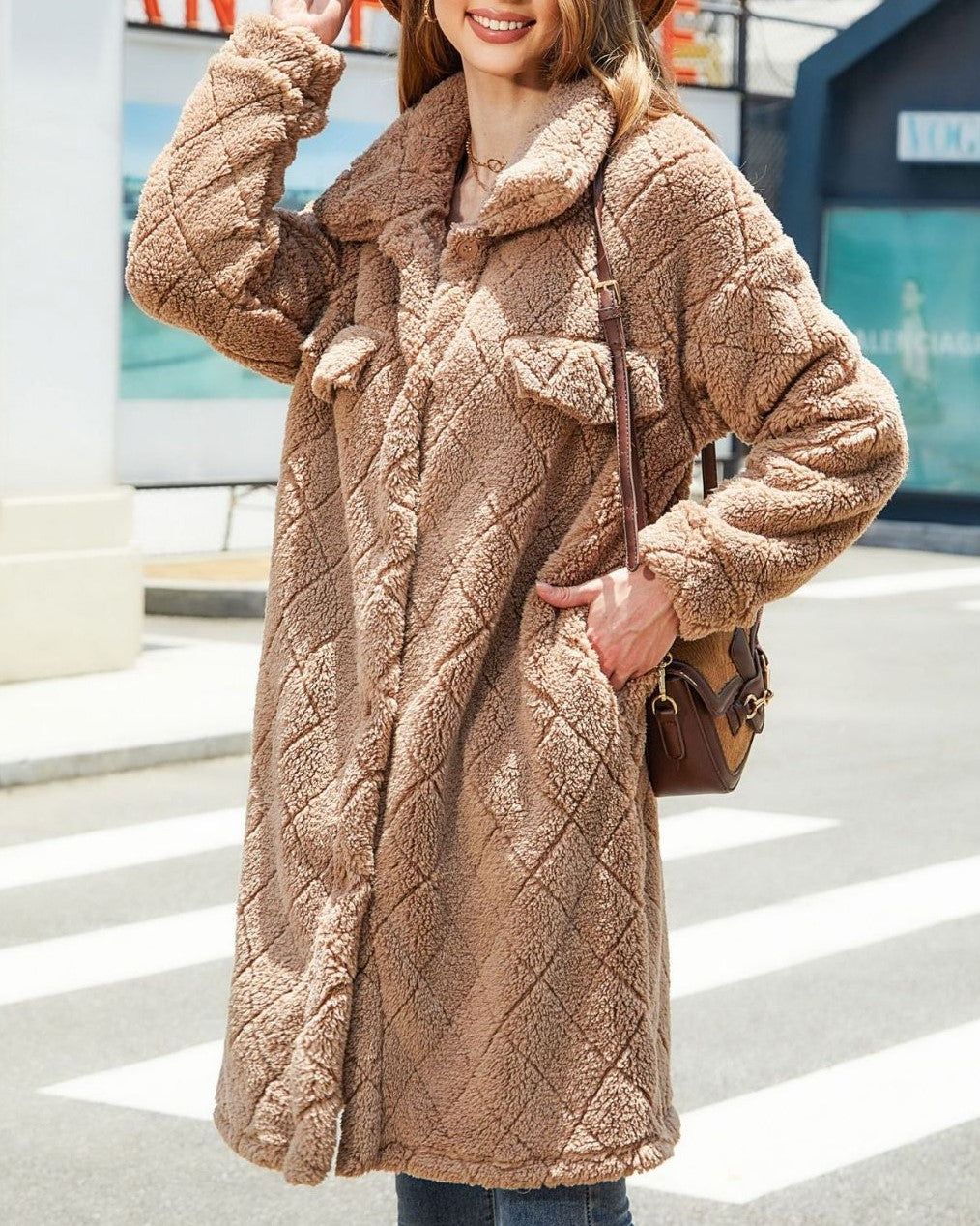 Textured Faux Fur Lapel Longline Coat - Khaki - 3