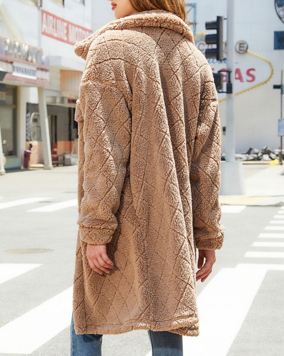 Textured Faux Fur Lapel Longline Coat - Khaki - 4